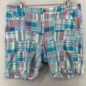 CHARLESTON Shorts Mens 40 Madras Plaid Patchwork Chino Walking Cotton Blue